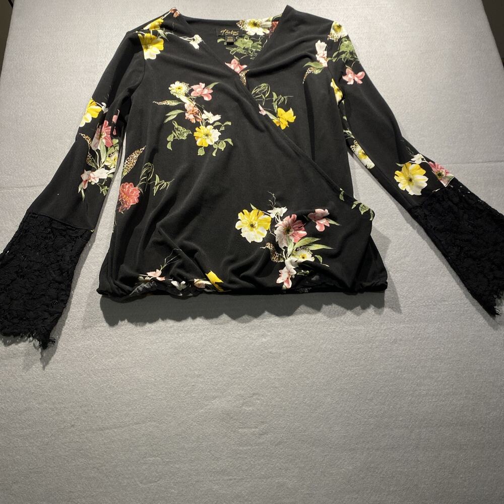Thalia Sodi Floral Print V Neck Blouse Small Black